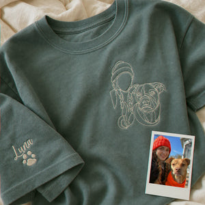 Custom Pitbull Outline T-Shirt - Minimalist Embroidered Pet Photo Line Art Tee & Name for Dog Parent