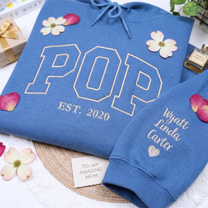 Personalized dad hoodie with kids names embroidered on sleeve custom pop est sweatshirt for father gift