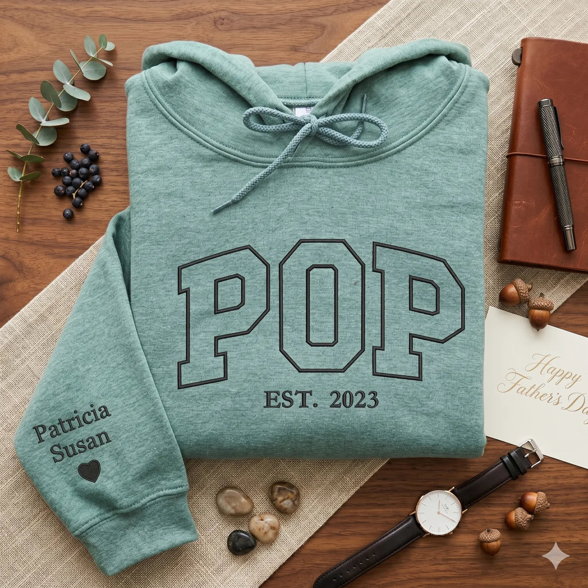 Personalized dad hoodie with kids names embroidered on sleeve custom pop est sweatshirt for father gift
