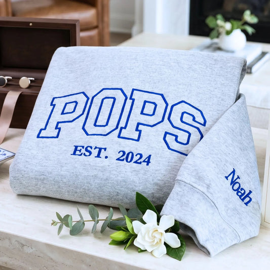 custom embroidered dad sweatshirt with kids names on sleeve first fathers day gift