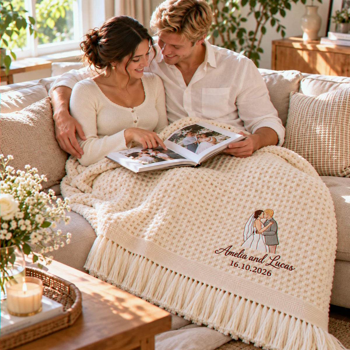 Custom Blanket With Couple Pictures, Embroidered Potrait from Photo Wedding Blanket, Newlyweds GIft