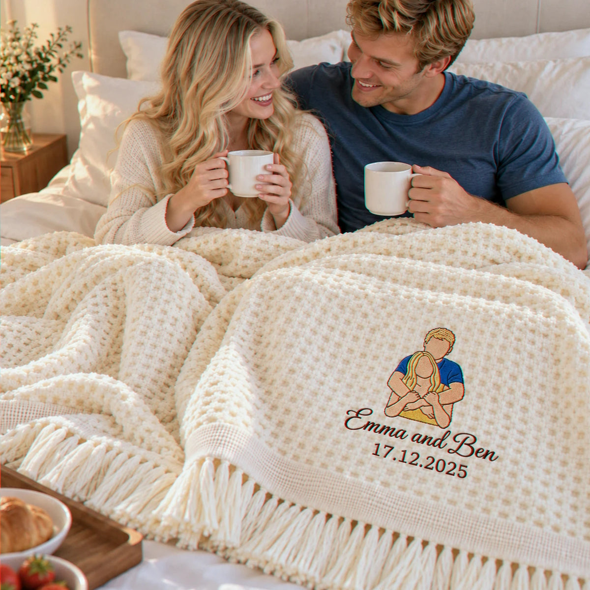 Custom Couple Portrait from Photo Blanket, Embroidered Boyfriend and Girlfriend Quilt, Anniversary Gift for Her