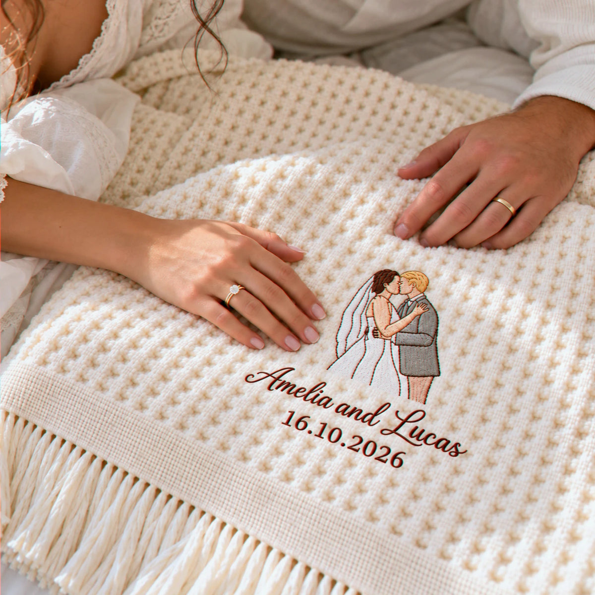 Custom Blanket With Couple Pictures, Embroidered Potrait from Photo Wedding Blanket, Newlyweds GIft