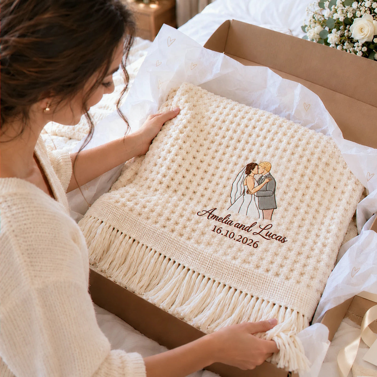 Custom Blanket With Couple Pictures, Embroidered Potrait from Photo Wedding Blanket, Newlyweds GIft