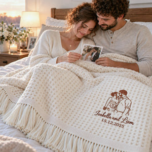 Custom His and Hers Throw Blanket, Embroidered Line Art Portrait Quilt, 1 Year Marriage Anniversary Gift for Her