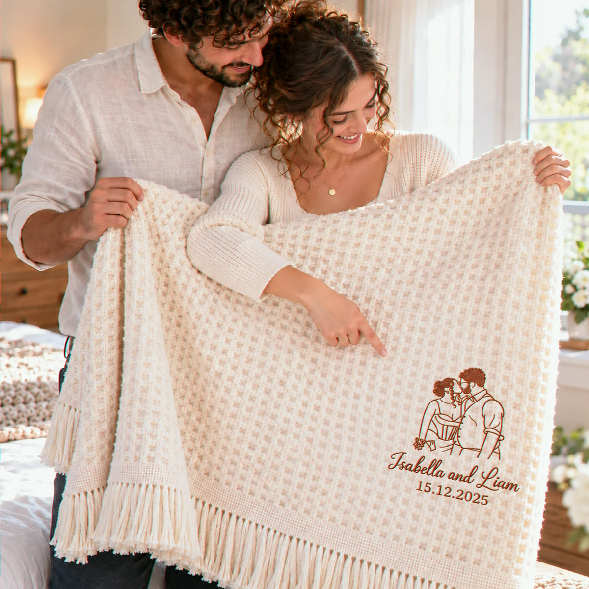 Custom His and Hers Throw Blanket, Embroidered Line Art Portrait Quilt, 1 Year Marriage Anniversary Gift for Her