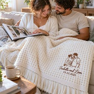 Custom His and Hers Throw Blanket, Embroidered Line Art Portrait Quilt, 1 Year Marriage Anniversary Gift for Her