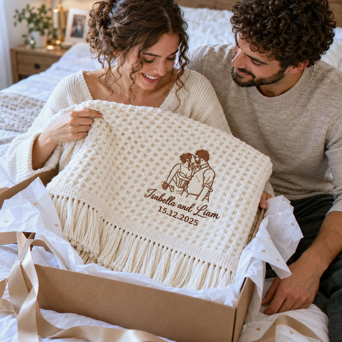 Custom His and Hers Throw Blanket, Embroidered Line Art Portrait Quilt, 1 Year Marriage Anniversary Gift for Her