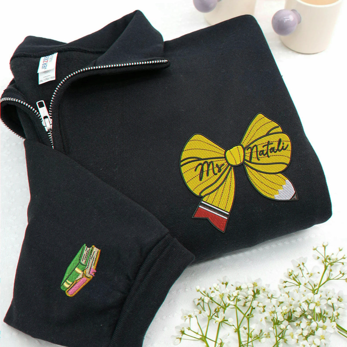Personalized Back to School Preschool Teacher Quarter Zip - Embroidered Name Pencil Bow, Coquette Teacher Appreciation Gift
