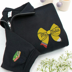 Personalized Back to School Preschool Teacher Quarter Zip - Embroidered Name Pencil Bow, Coquette Teacher Appreciation Gift