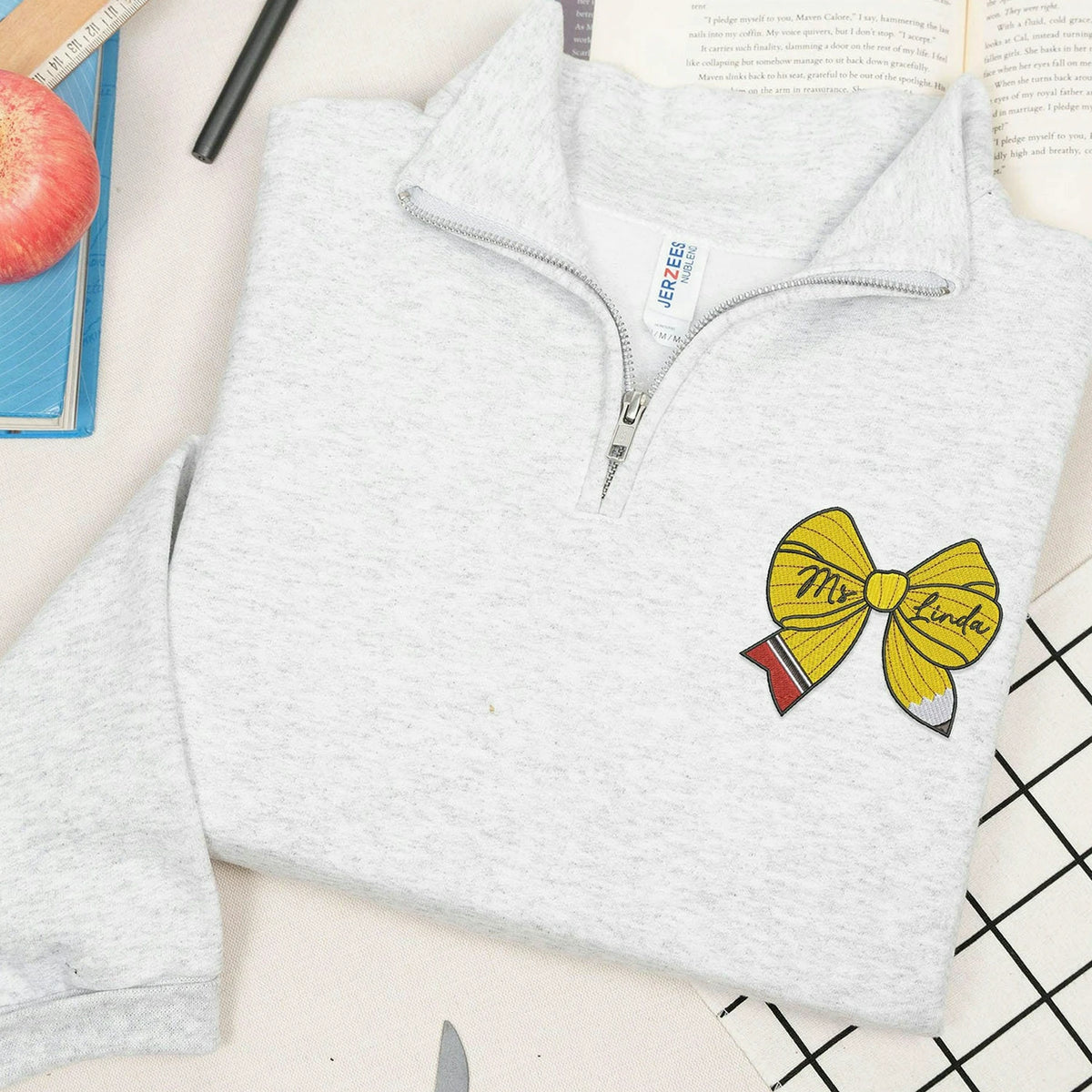 Personalized Back to School Preschool Teacher Quarter Zip - Embroidered Name Pencil Bow, Coquette Teacher Appreciation Gift