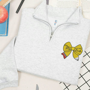 Personalized Back to School Preschool Teacher Quarter Zip - Embroidered Name Pencil Bow, Coquette Teacher Appreciation Gift
