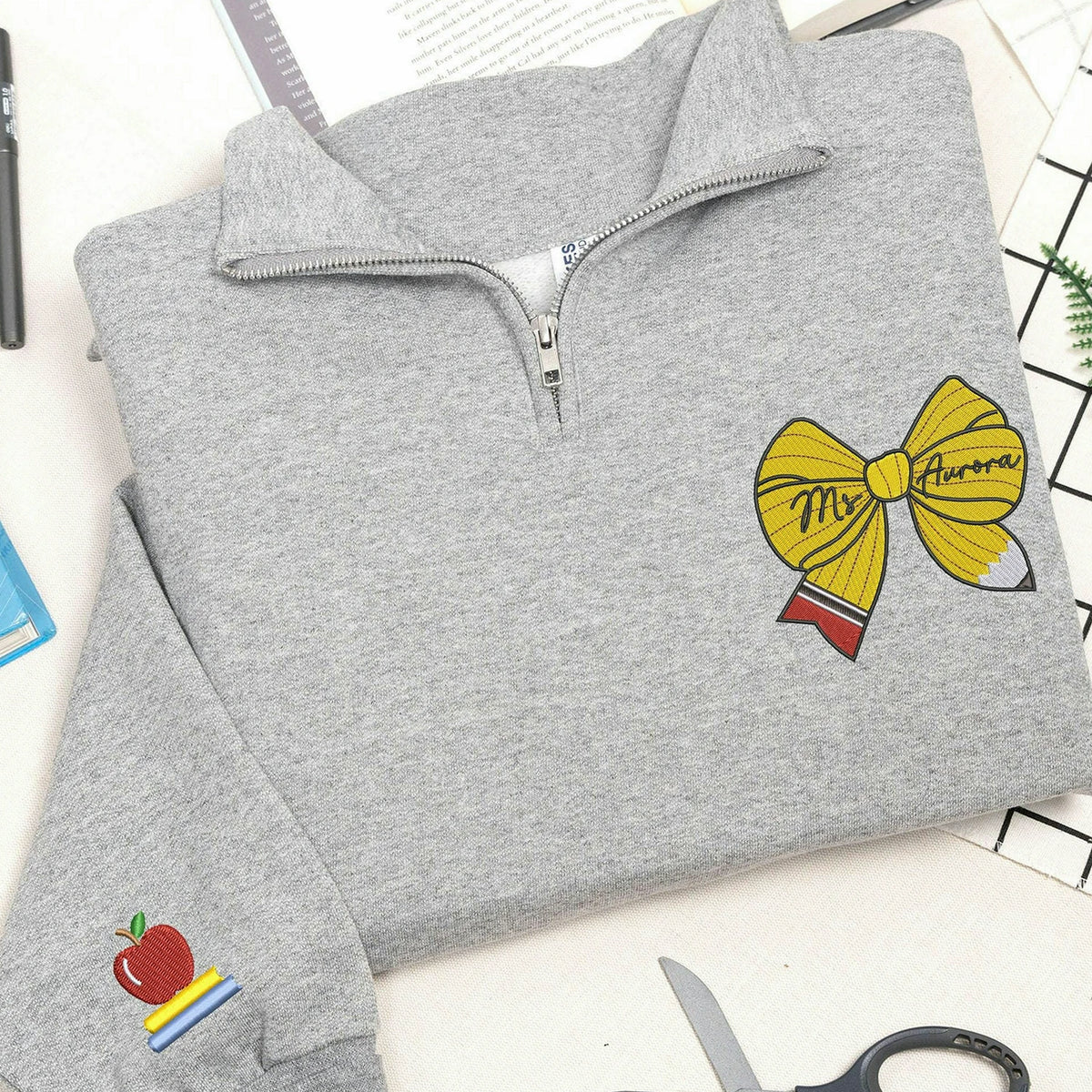Personalized Back to School Preschool Teacher Quarter Zip - Embroidered Name Pencil Bow, Coquette Teacher Appreciation Gift
