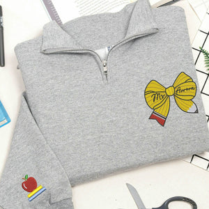 Personalized Back to School Preschool Teacher Quarter Zip - Embroidered Name Pencil Bow, Coquette Teacher Appreciation Gift
