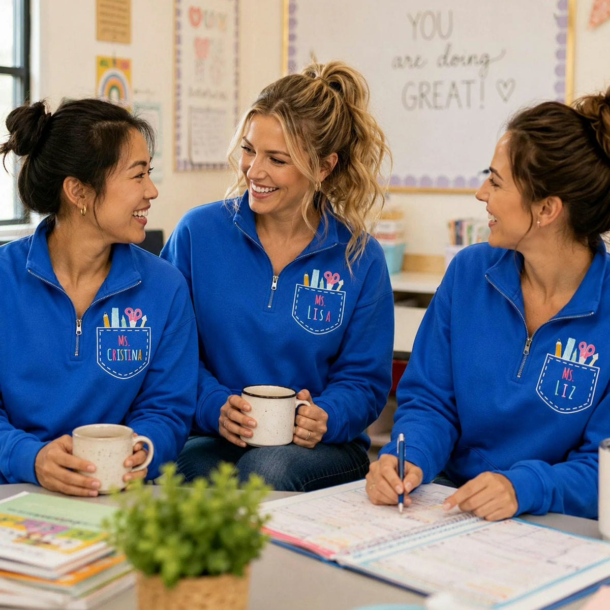Personalized Preschool Teacher Quarter Zip for Team - Embroidered Name & School Elements Pocket - Teacher Appreciation Gift