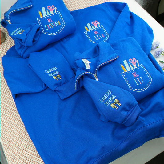 Personalized Preschool Teacher Quarter Zip for Team - Embroidered Name & School Elements Pocket - Teacher Appreciation Gift