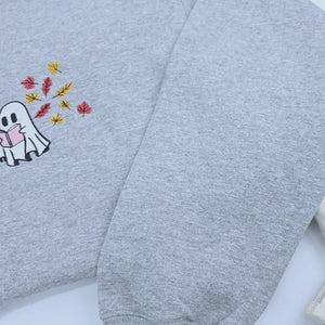 Embroidered Fall Ghost Reading Book Halloween Sweatshirt or Hoodie