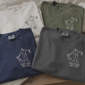 Personalized Girl Dad Photo Line Art T-Shirt with Embroidered Outline Gift for Father's Day, Gift from Wife