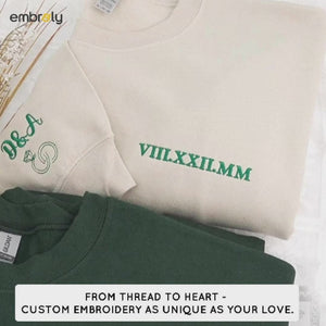 Custom Embroidered Roman Numerals Quarter Zip Sweatshirt with Initials on Sleeve, Personalized Wedding Gift