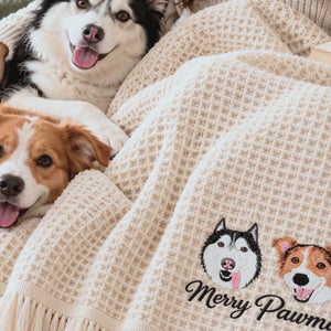 Custom Dog Portrait Waffle Blanket, Embroidered Throw Blanket with Pet Photo, Christmas Gift for Dog Lover