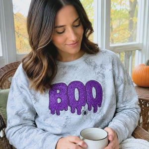 Spooky Season BOO Halloween Dripping Sweatshirt, Embroidered Glitter Crewneck, Trick Treat Party Outfit Fall