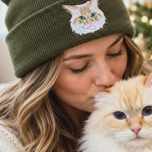 Custom Cat Portrait Beanie, Embroidered Cat Face Photo Knitted Hat, Christmas Gifts for Pet Lovers or Cat Mom