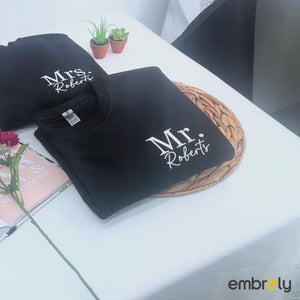Custom embroidered Mr and Mrs sweatshirt with personalized initials on sleeve, matching newlywed outfit
