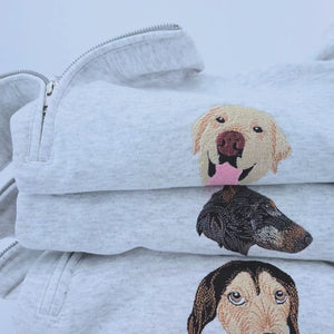 Custom Embroidered Zip Up Hoodie with Pet Photo Portrait / Quarter Zip Sweatshirt