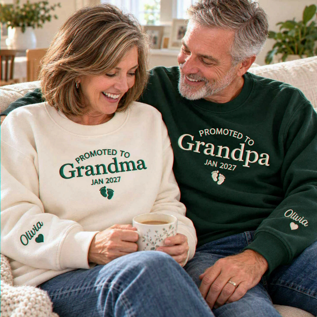 Promoted to Grandma Grandpa Sweatshirts, Matching Embroidered Kid Name Crewneck, Gift for New Grandparents