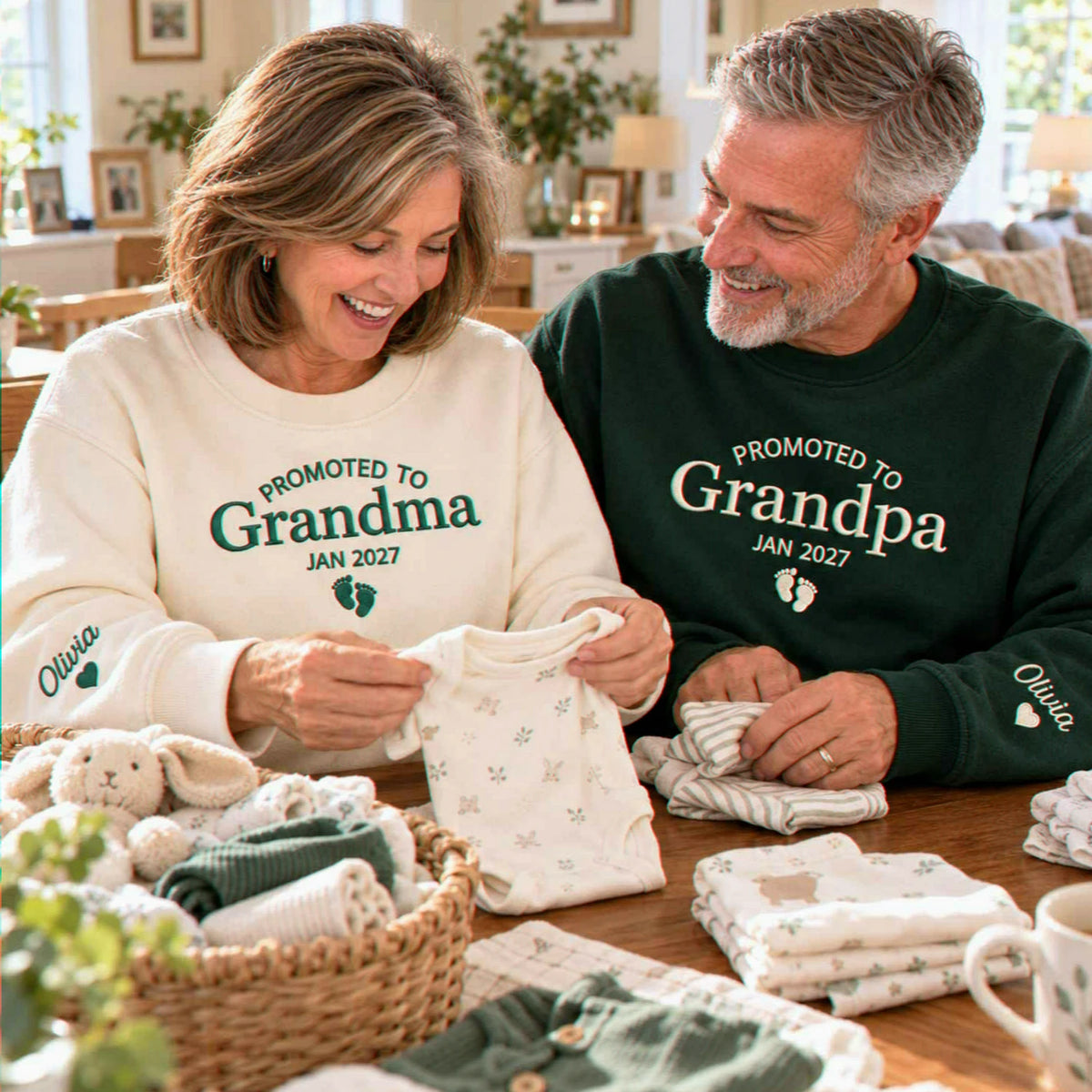 Promoted to Grandma Grandpa Sweatshirts, Matching Embroidered Kid Name Crewneck, Gift for New Grandparents