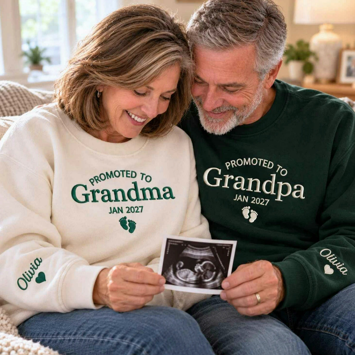Promoted to Grandma Grandpa Sweatshirts, Matching Embroidered Kid Name Crewneck, Gift for New Grandparents