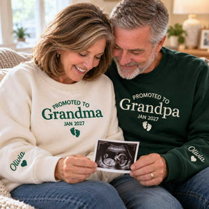 Promoted to Grandma Grandpa Sweatshirts, Matching Embroidered Kid Name Crewneck, Gift for New Grandparents