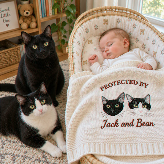 Custom Protected By Cat Baby Blanket, Embroidered Furry Big Brother Sister Thrown, Baby Shower Gift from Cat