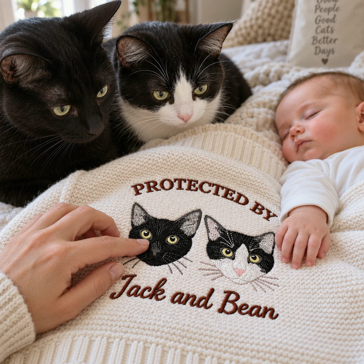 Custom Protected By Cat Baby Blanket, Embroidered Furry Big Brother Sister Thrown, Baby Shower Gift from Cat