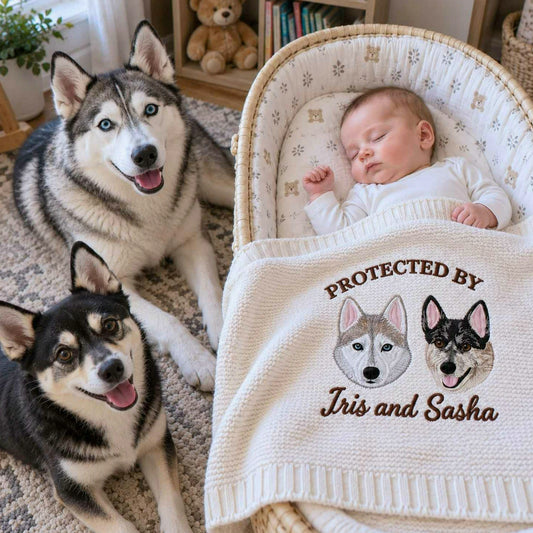 Custom Protected By Dog Baby Blanket, Embroidered Pet Pregnancy Announcement Blanket, Newborn Christmas Gift