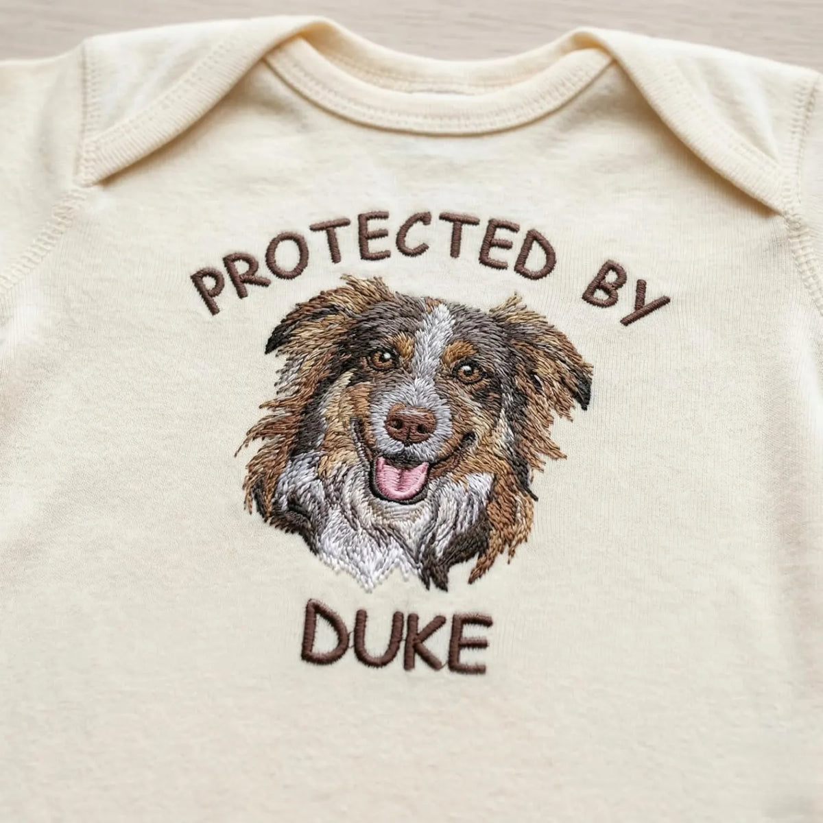 Protected by Dog Onesie, Custom Pet Portrait Embroidered Baby Bodysuit Onesie