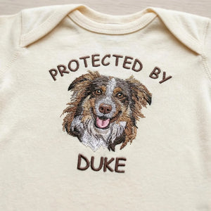 Protected by Dog Onesie, Custom Pet Portrait Embroidered Baby Bodysuit Onesie