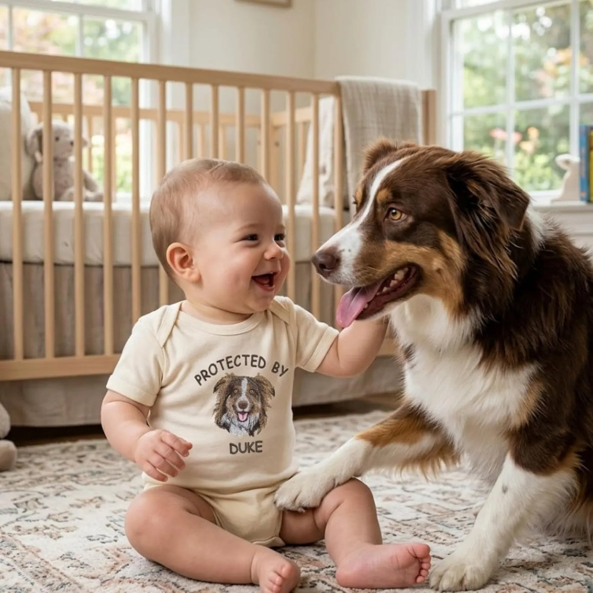 Protected by Dog Onesie, Custom Pet Portrait Embroidered Baby Bodysuit Onesie