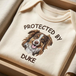 Protected by Dog Onesie, Custom Pet Portrait Embroidered Baby Bodysuit Onesie