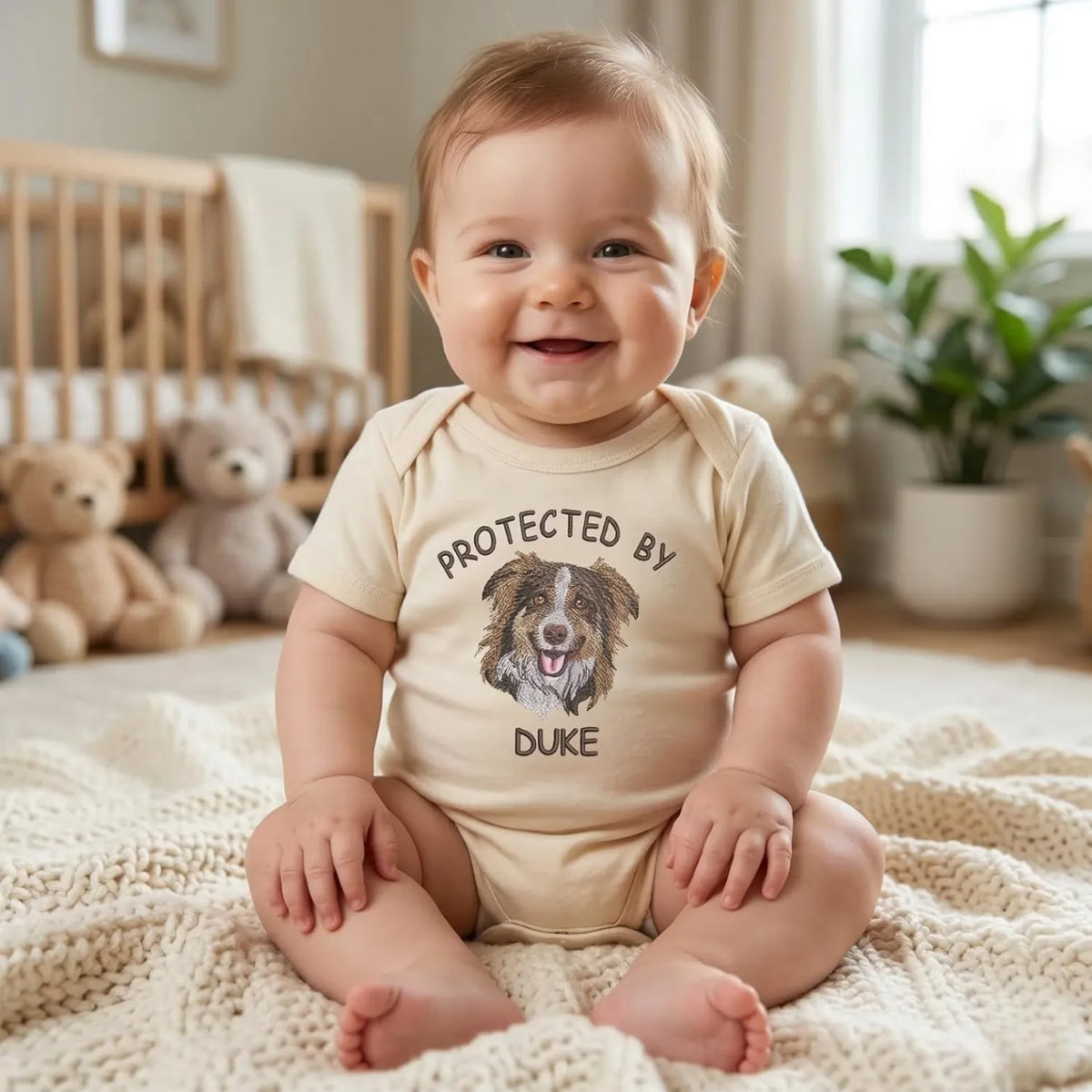 Protected by Dog Onesie, Custom Pet Portrait Embroidered Baby Bodysuit Onesie