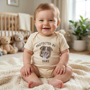 Protected by Dog Onesie, Custom Pet Portrait Embroidered Baby Bodysuit Onesie