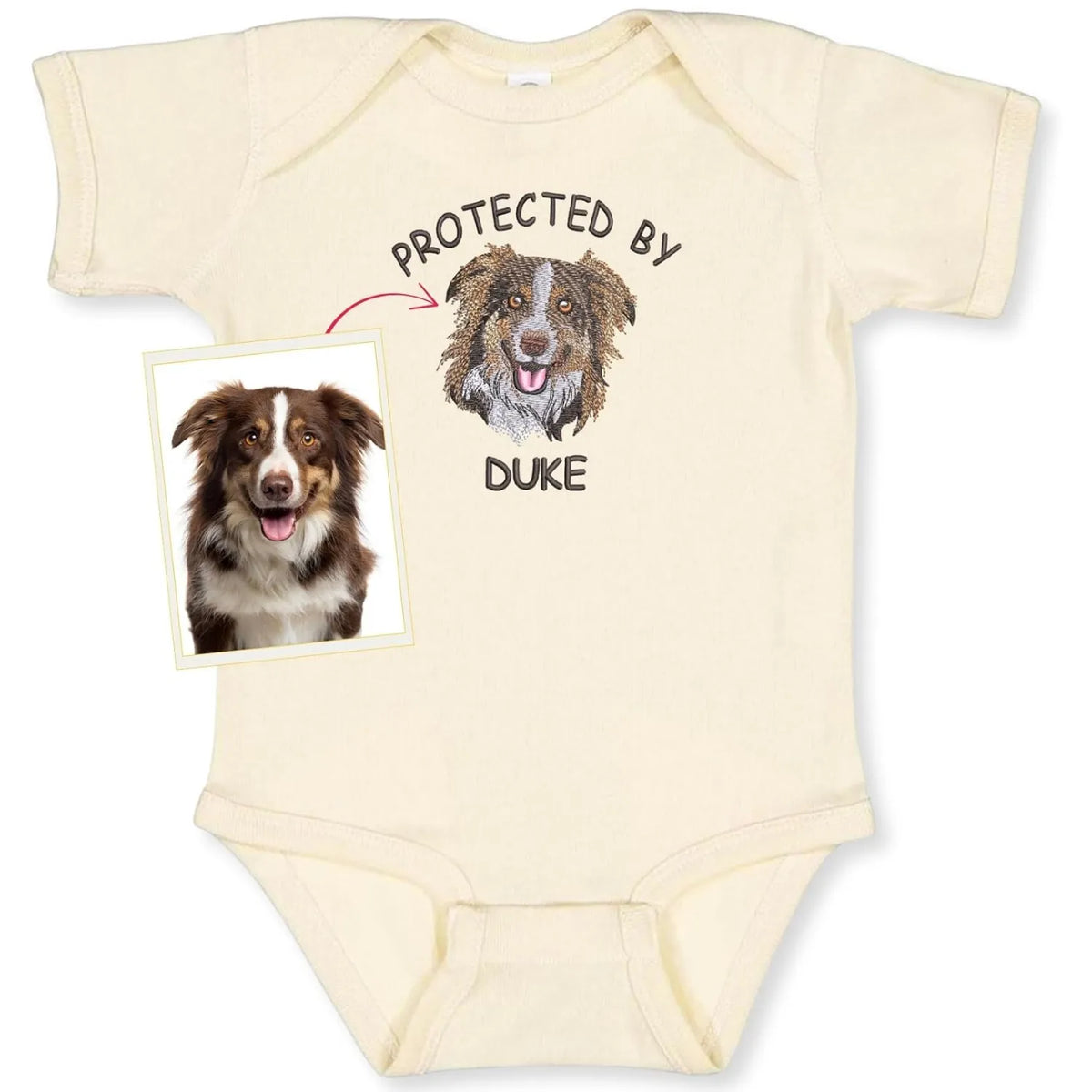 Protected by Dog Onesie, Custom Pet Portrait Embroidered Baby Bodysuit Onesie