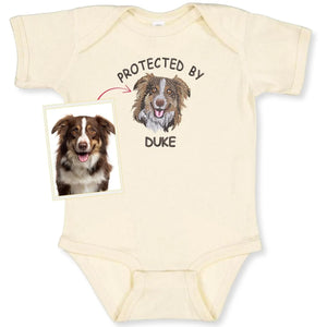 Protected by Dog Onesie, Custom Pet Portrait Embroidered Baby Bodysuit Onesie