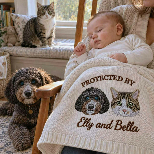 Custom Protected By Pets Baby Blanket, Embroidered Dog & Cat Portrait from Photo Throw, First Grandbaby Gift