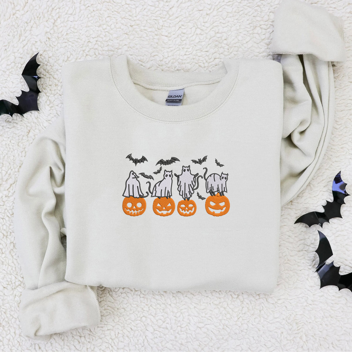 Embroidered Halloween Crewneck with Pumpkin, Bats, Cats Ghost Sweatshirt, Hoodie