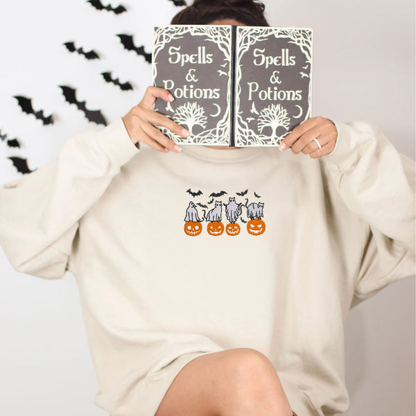 Embroidered Halloween Crewneck with Pumpkin, Bats, Cats Ghost