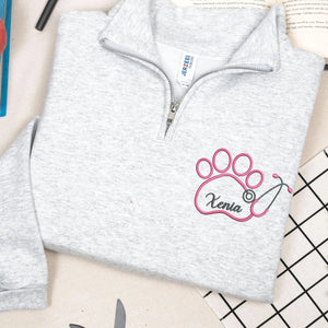 Personalized Paw Print & Name Quarter Zip Sweatshirt, Custom Embroidered Vet Week Gift for Veterinarians