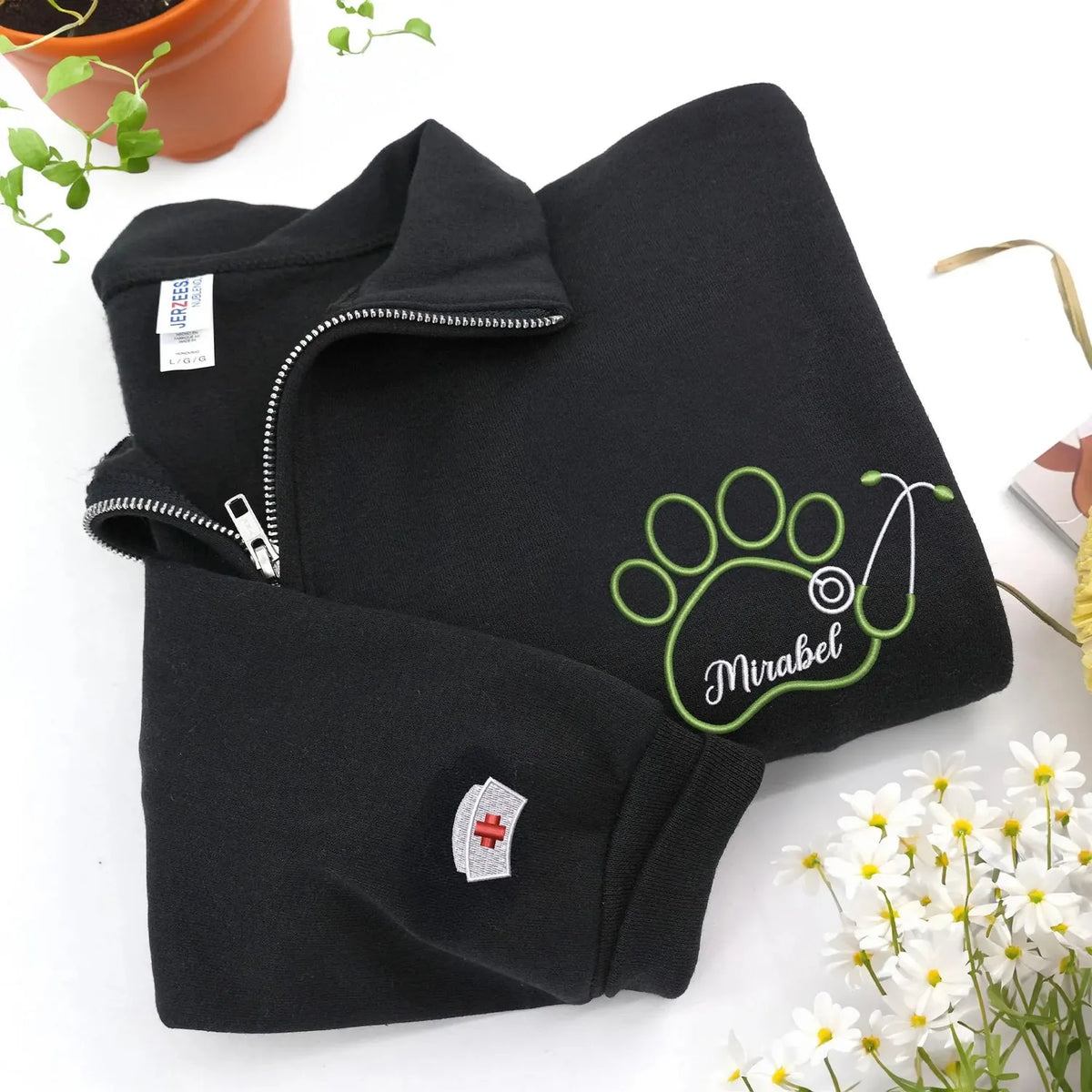 Personalized Paw Print & Name Quarter Zip Sweatshirt, Custom Embroidered Vet Week Gift for Veterinarians