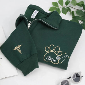 Personalized Paw Print & Name Quarter Zip Sweatshirt, Custom Embroidered Vet Week Gift for Veterinarians