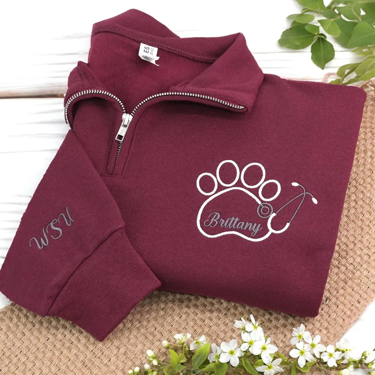 Personalized Paw Print & Name Quarter Zip Sweatshirt, Custom Embroidered Vet Week Gift for Veterinarians